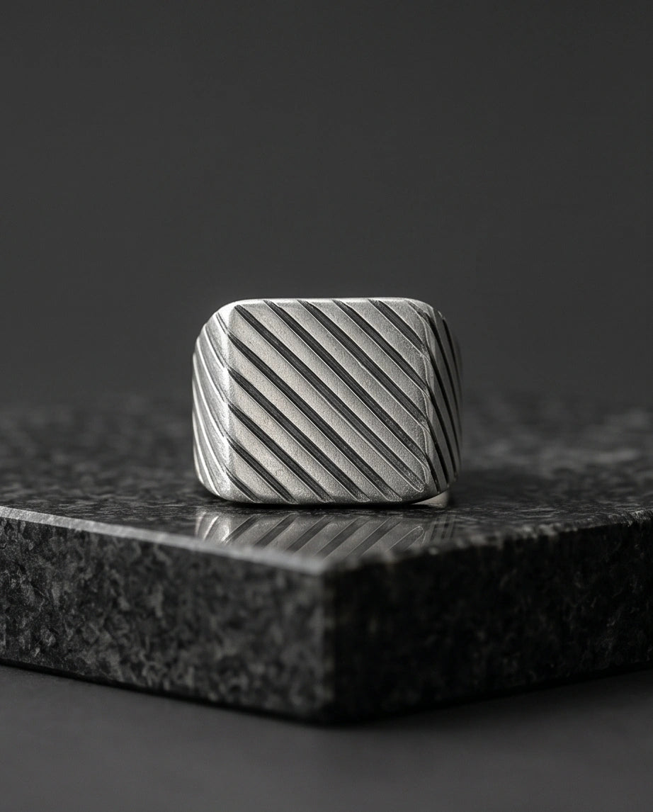 Sterling Silver Diagonal Pinstripe Geometric Signet Ring