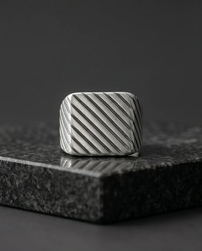 Sterling Silver Diagonal Pinstripe Geometric Signet Ring