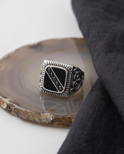 Dark-Stone Channel Inlay Filigree Scroll Silver Ring