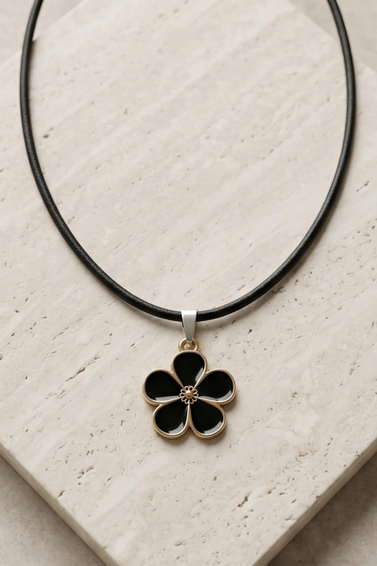 Gold and Black Flower Pendant Necklace