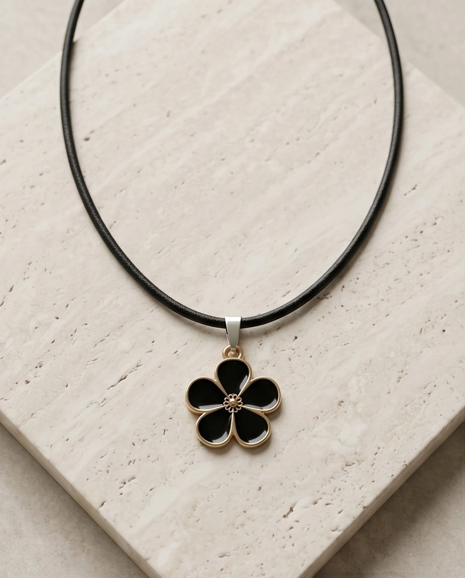 Gold and Black Flower Pendant Necklace