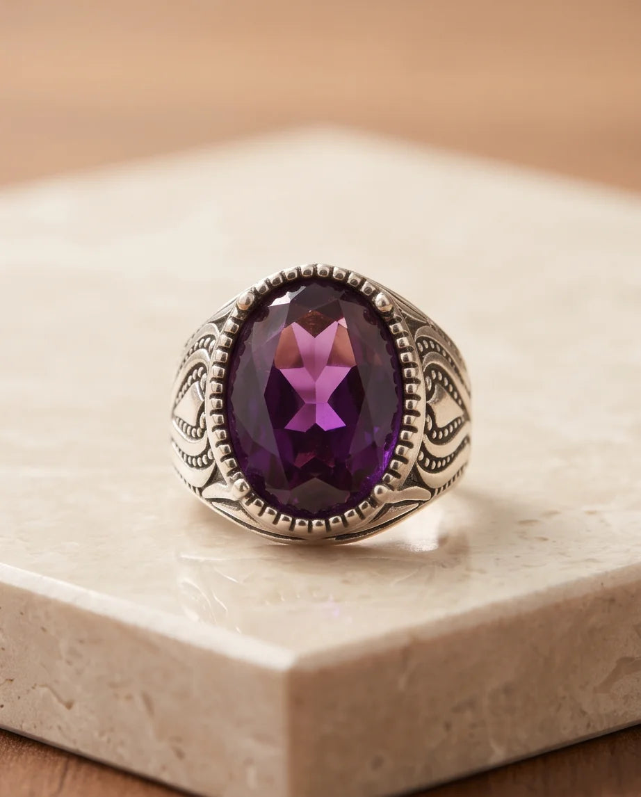 Violet Gemstone Beaded Frame Filigree Silver Ring