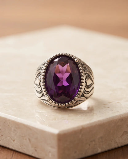 Violet Gemstone Beaded Frame Filigree Silver Ring