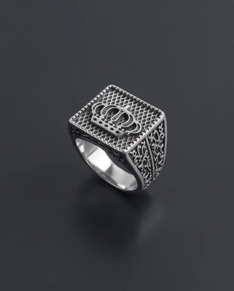 Royal Crown Mesh Square Signet Silver Ring