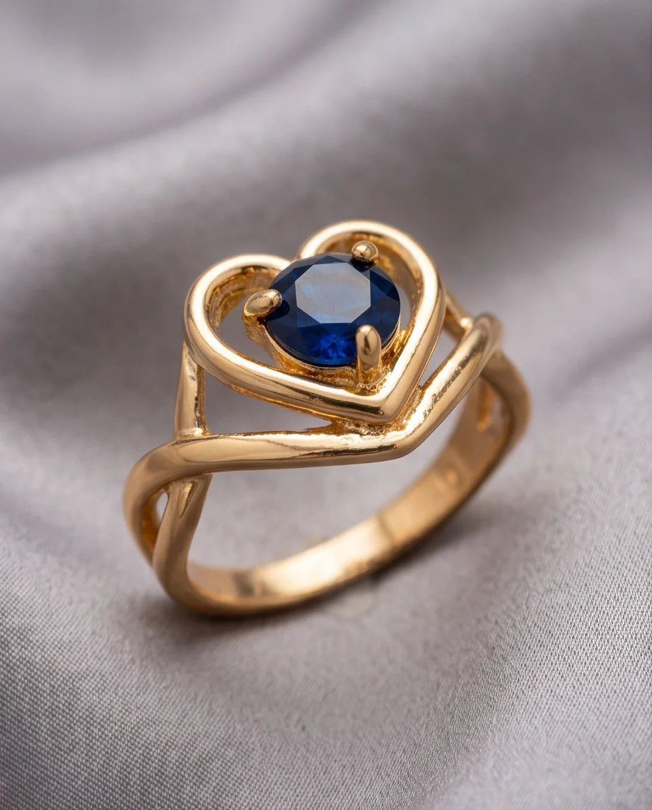 Gold Sapphire Heart-Shaped Openwork Ring