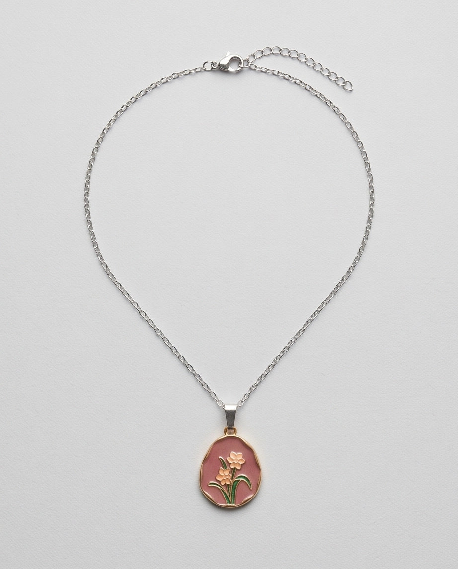 Gold Pink Floral Enamel Medallion Chain Necklace