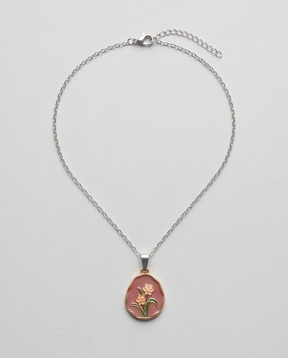 Gold Pink Floral Enamel Medallion Chain Necklace