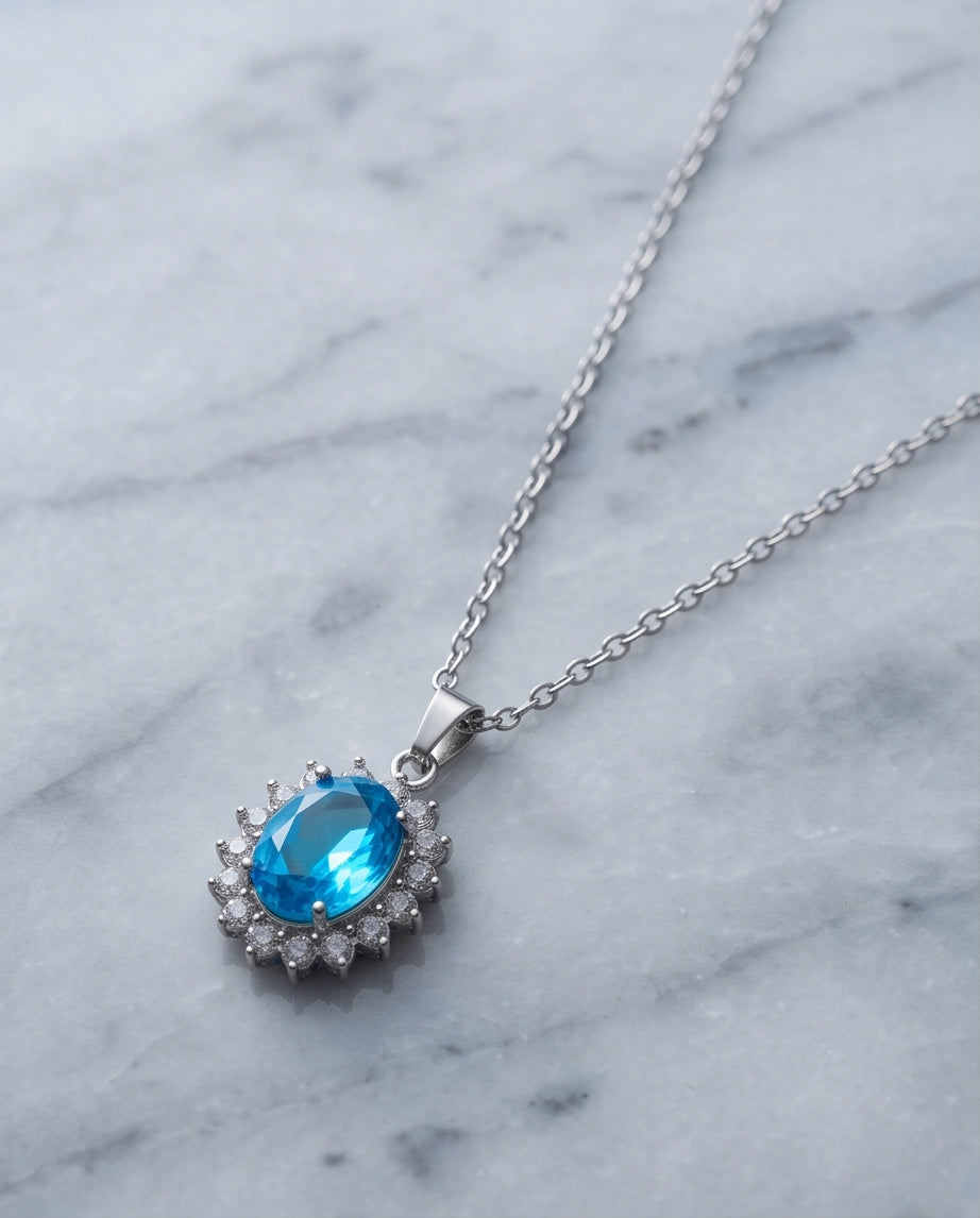 Silver Aquamarine Blue Oval Halo Medallion Pendant Necklace