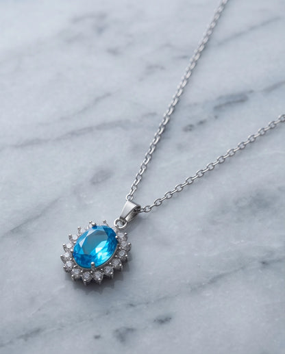 Silver Aquamarine Blue Oval Halo Medallion Pendant Necklace