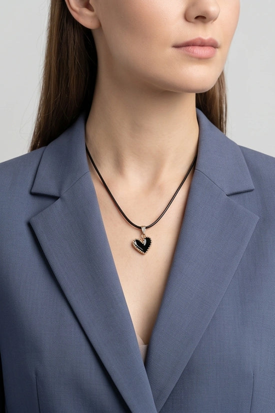 Gold Beaded Black Enamel Heart Necklace