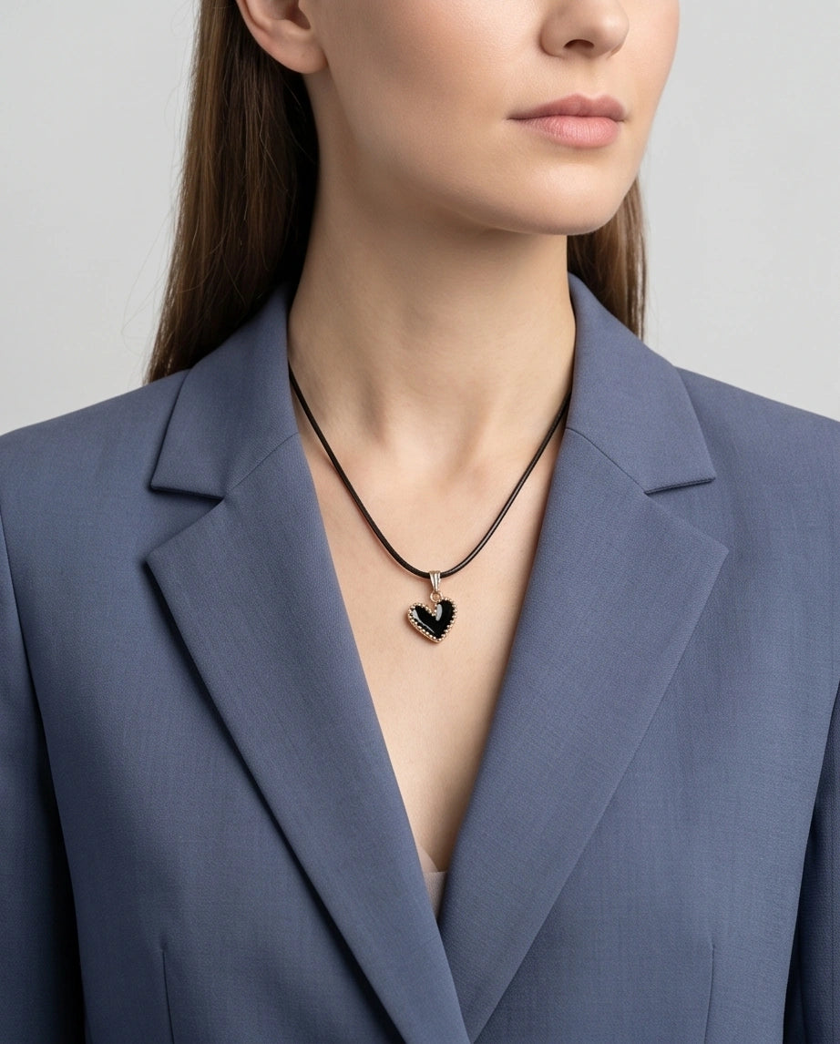 Gold Beaded Black Enamel Heart Necklace