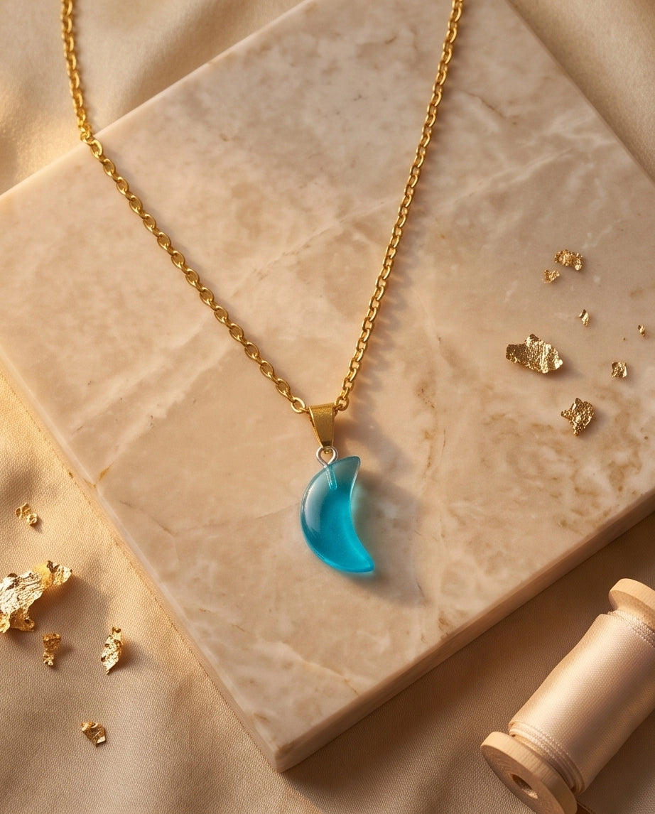 Silver Cyan Crescent Moon Resin Pendant Necklace