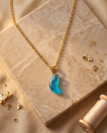 Silver Cyan Crescent Moon Resin Pendant Necklace