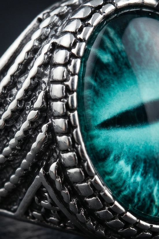 Vintage Sterling Silver Serpent Scale Deep Teal Eye Ring