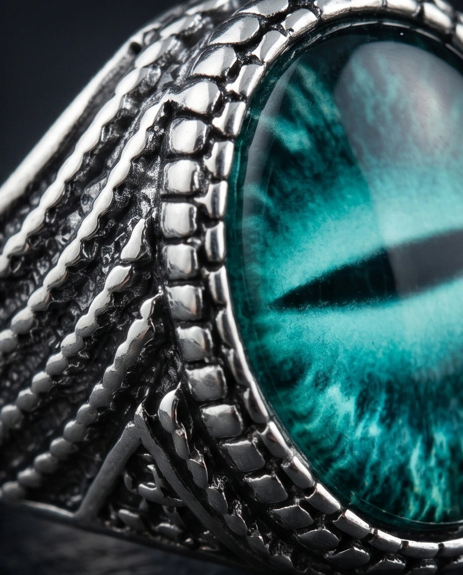 Vintage Sterling Silver Serpent Scale Deep Teal Eye Ring