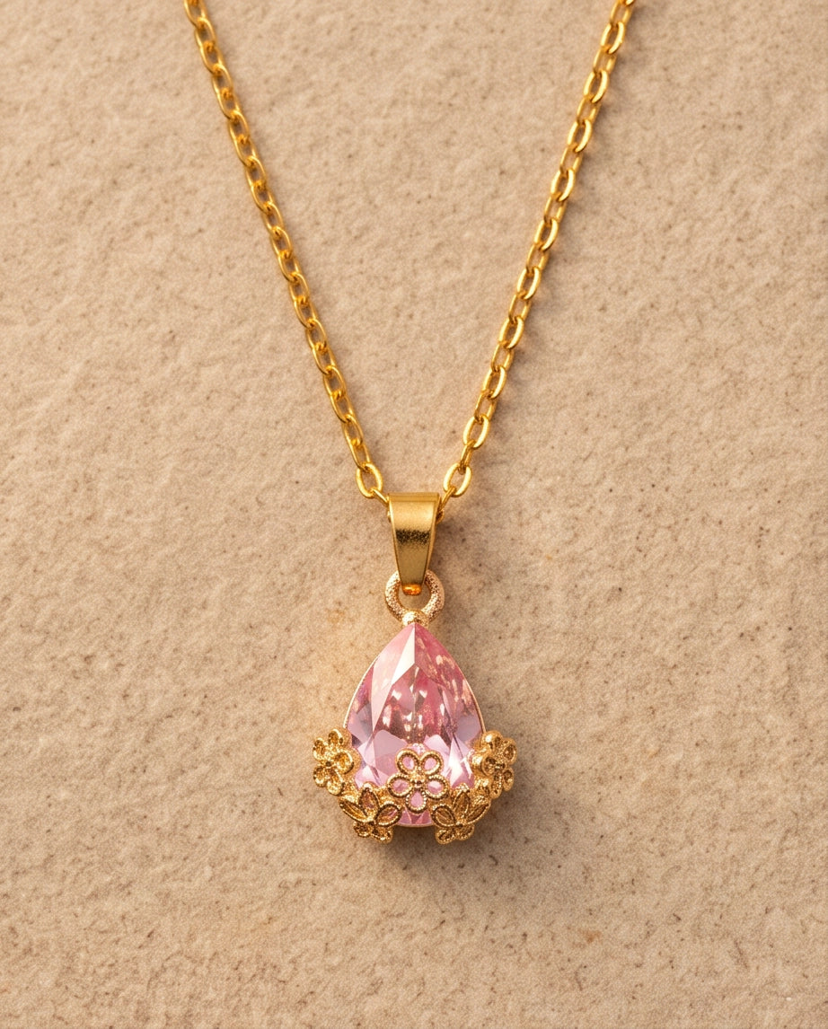 Gold Pink Teardrop Floral Basket Pendant Necklace