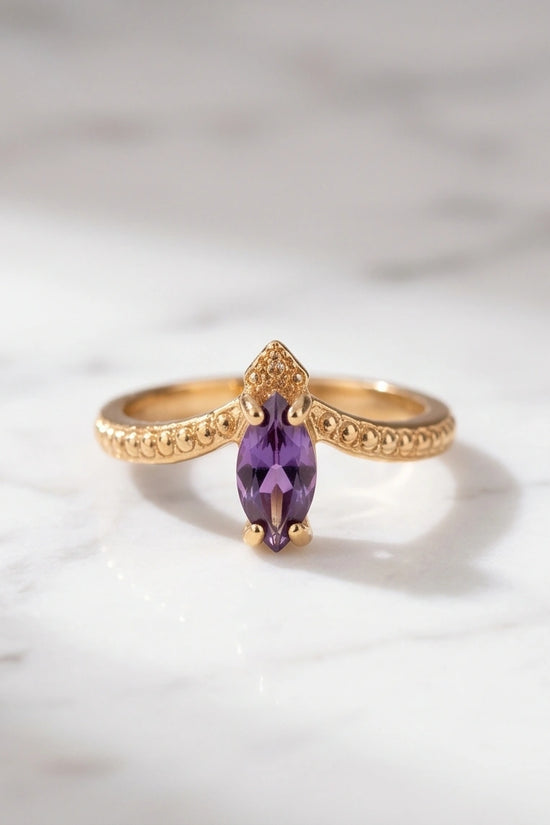 "Amethyst Aura" – Marquise Cut Gold Ring
