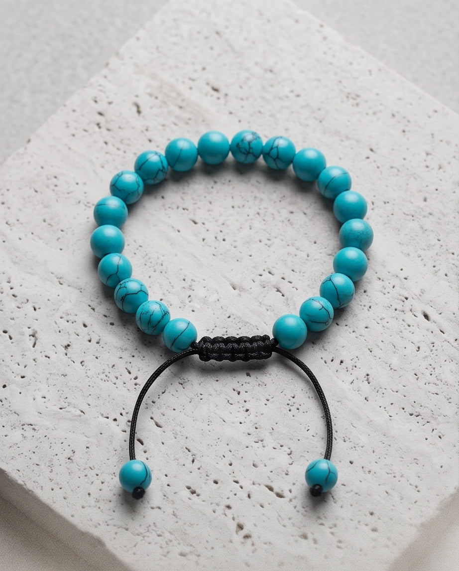 Natural Turquoise Veined Stone Beaded Adjustable Macrame Bracelet