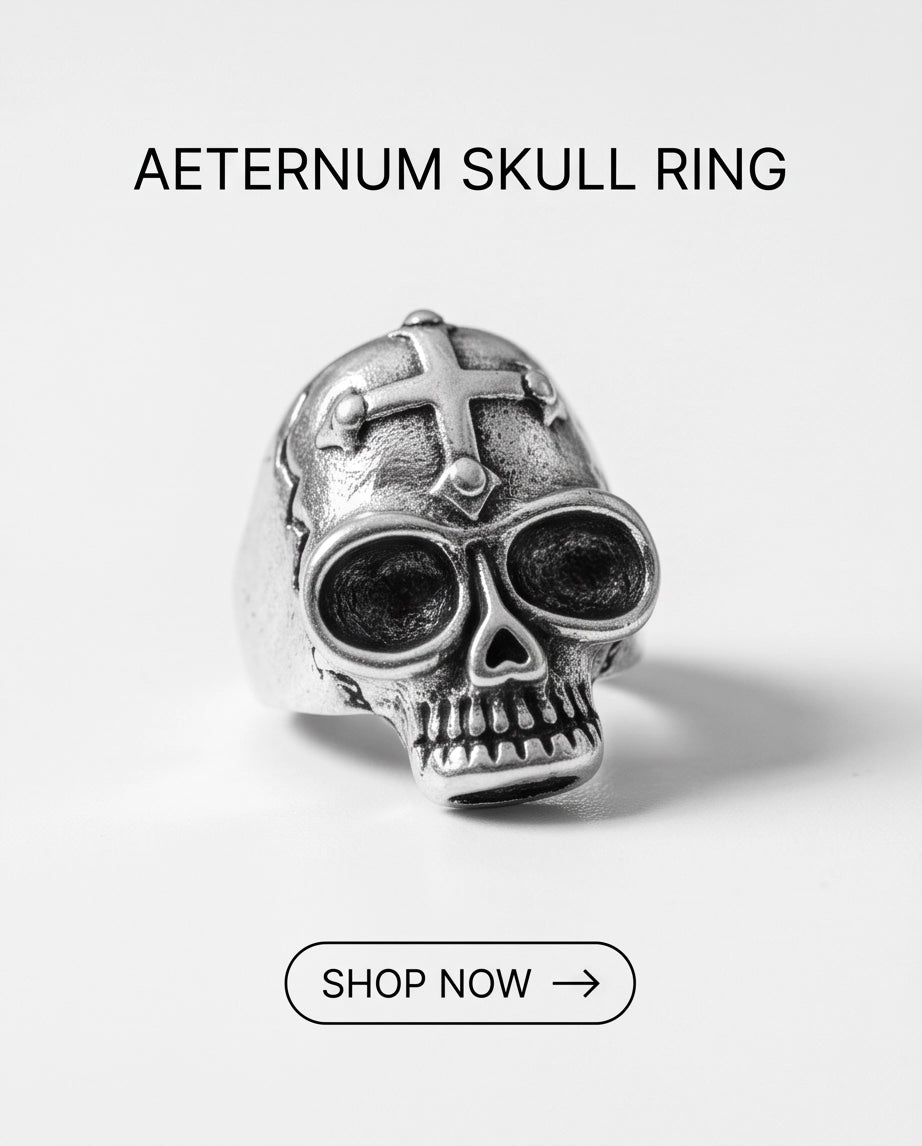 Gothic Cross-Embossed Anatomical Skull Silver Ring