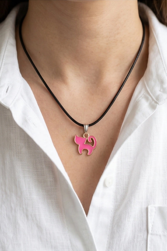 Gold and Pink Cat Pendant Necklace