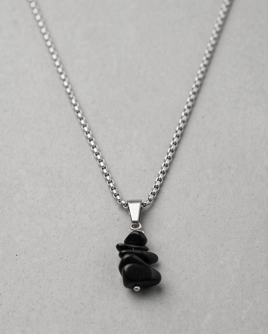 Silver Stacked Raw Black Obsidian Chip Stone Pendant Necklace