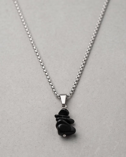Silver Stacked Raw Black Obsidian Chip Stone Pendant Necklace