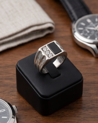 Dual-Panel Onyx & Triple-Crystal Fluted Shoulder Silver Ring