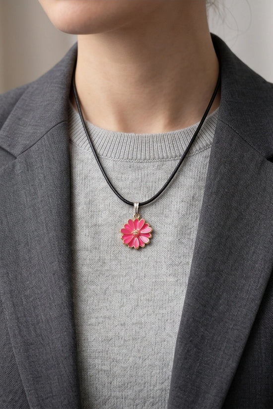 Pink Enamel Sunflower Pendant Necklace