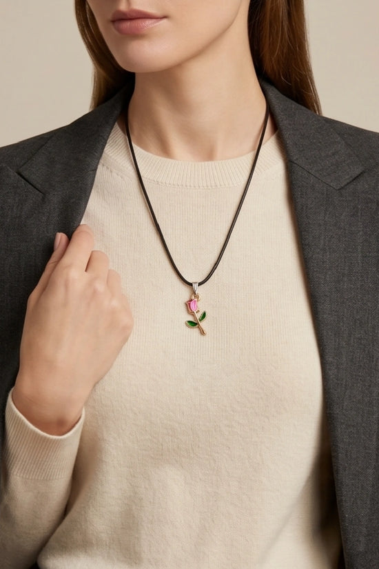 Gold and Pink Rose Pendant Necklace
