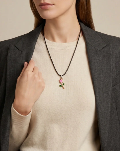 Gold and Pink Rose Pendant Necklace