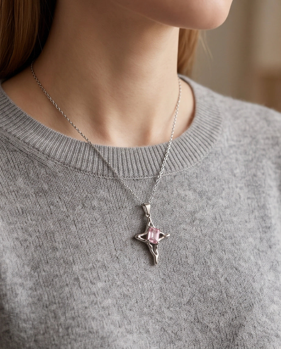 Silver Pink Gemstone Gothic Cross Pendant Necklace
