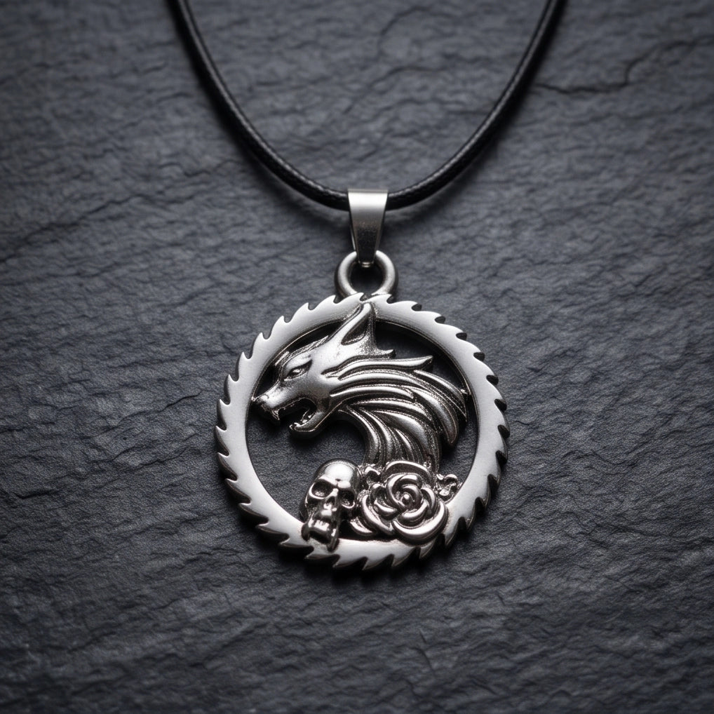 Silver Wolf and Skull Medallion Cord Necklace
