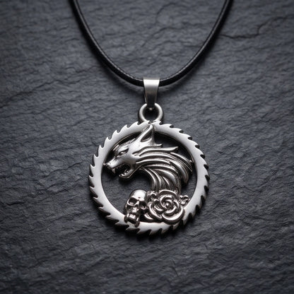 Silver Wolf and Skull Medallion Cord Necklace