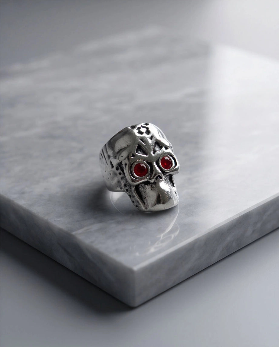 Ruby-Eyed Mechanical Mask Skull Ring