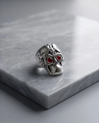 Ruby-Eyed Mechanical Mask Skull Ring