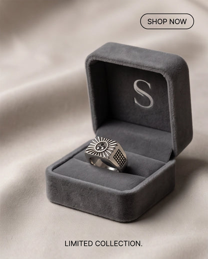 Celestial Sunburst Dark-Triple-Crystal Stippled Band Silver Ring