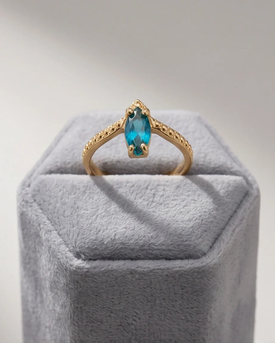 Vintage Gold Marquise London Blue Topaz Chevron Ring