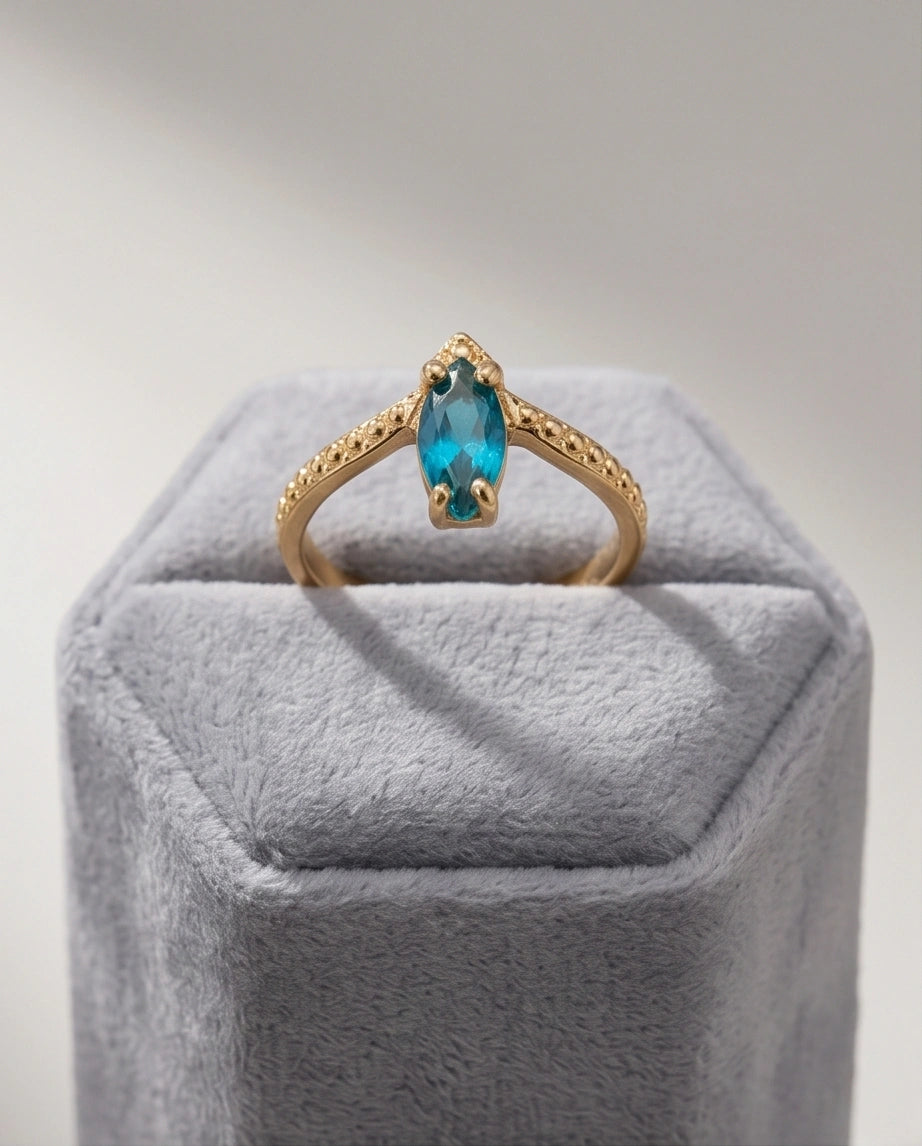 Vintage 14K Gold Marquise London Blue Topaz Chevron Ring