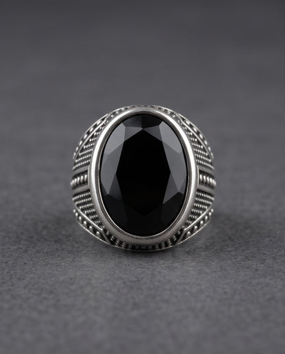 Onyx Gemstone Smooth Bezel Chevron Stippled Silver Ring
