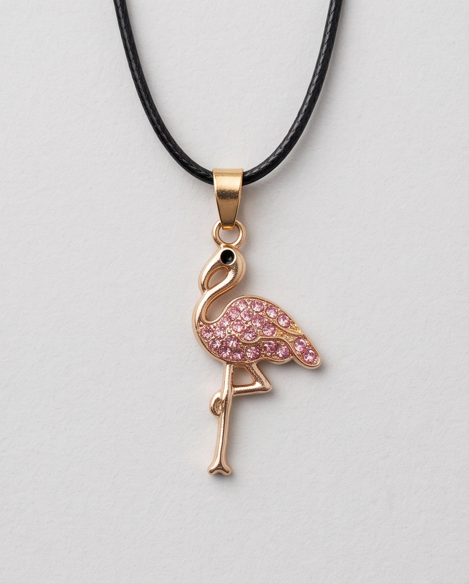 Gold Pink Crystal Paved Flamingo Pendant Necklace