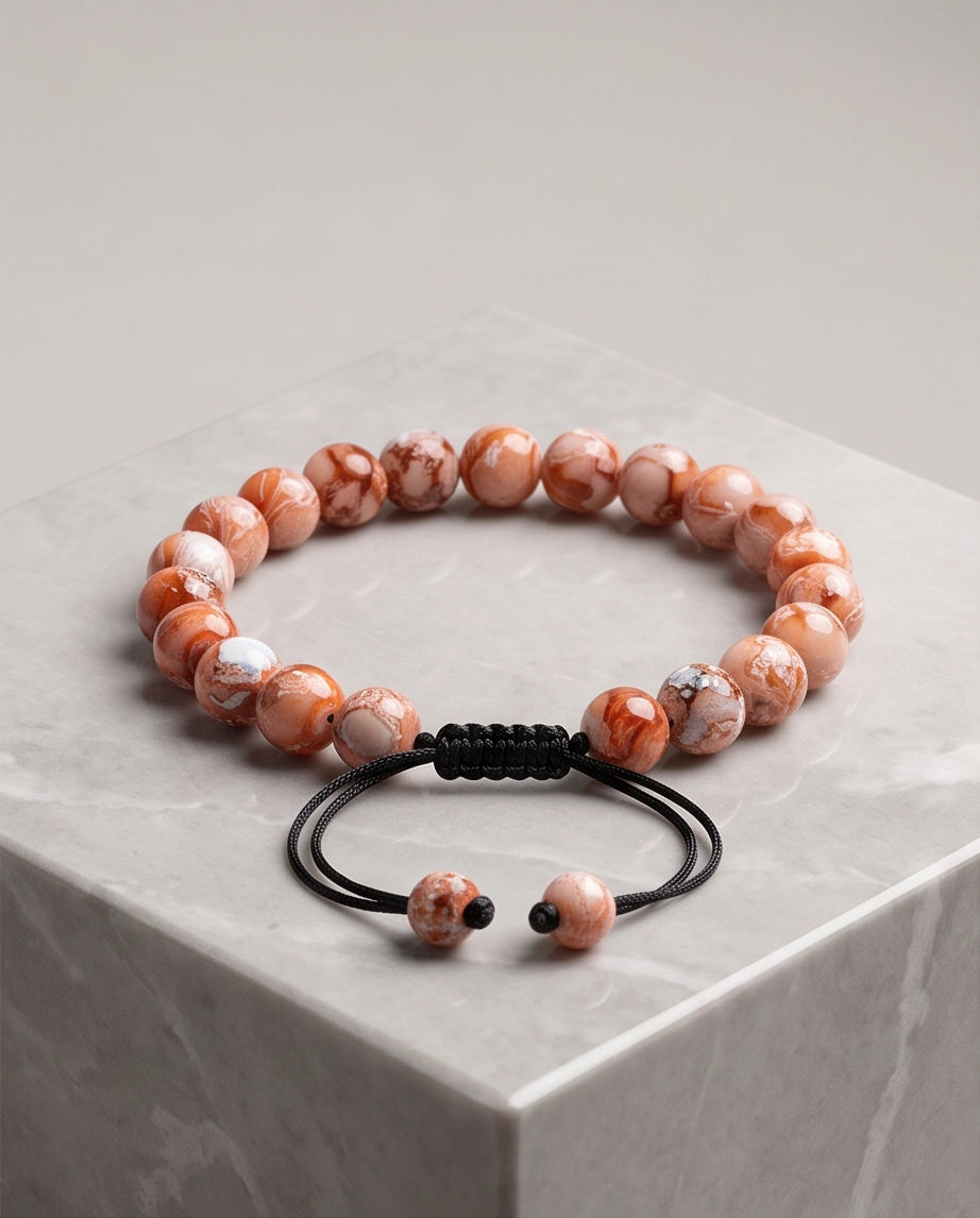 Red Agate Marbled Stone Beaded Adjustable Macrame Bracelet