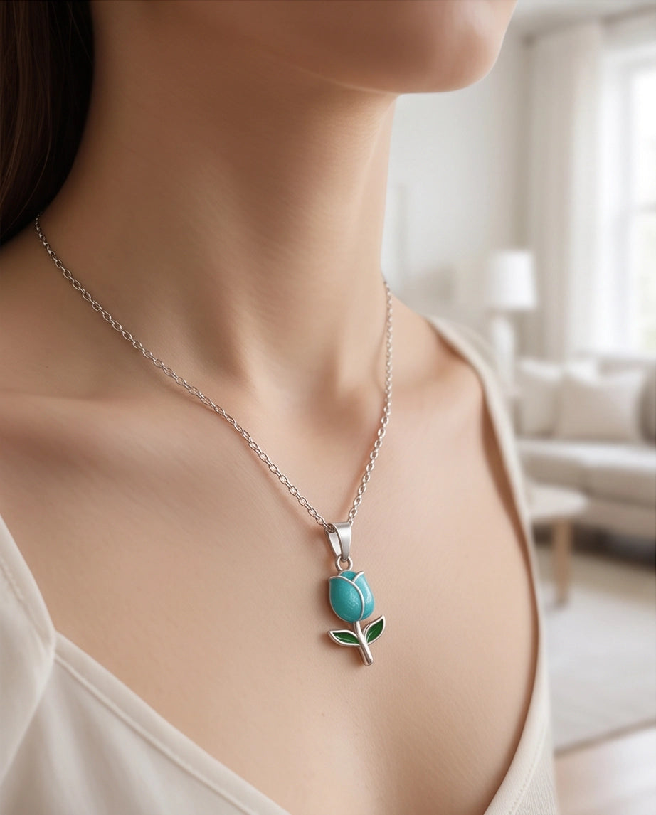Silver Light Blue Enamel Tulip Pendant Necklace