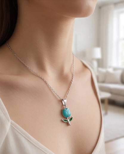 Silver Light Blue Enamel Tulip Pendant Necklace