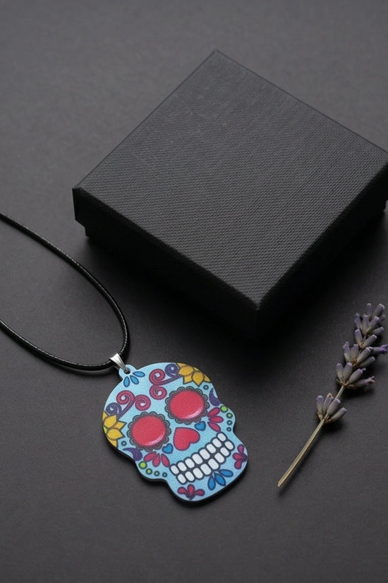 Vibrant Light Blue Sugar Skull Día de los Muertos Pendant Necklace