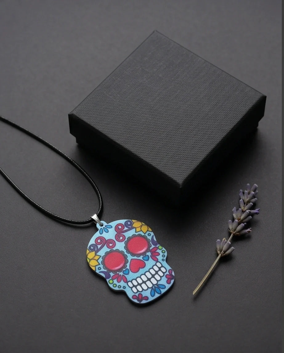 Vibrant Light Blue Sugar Skull Día de los Muertos Pendant Necklace