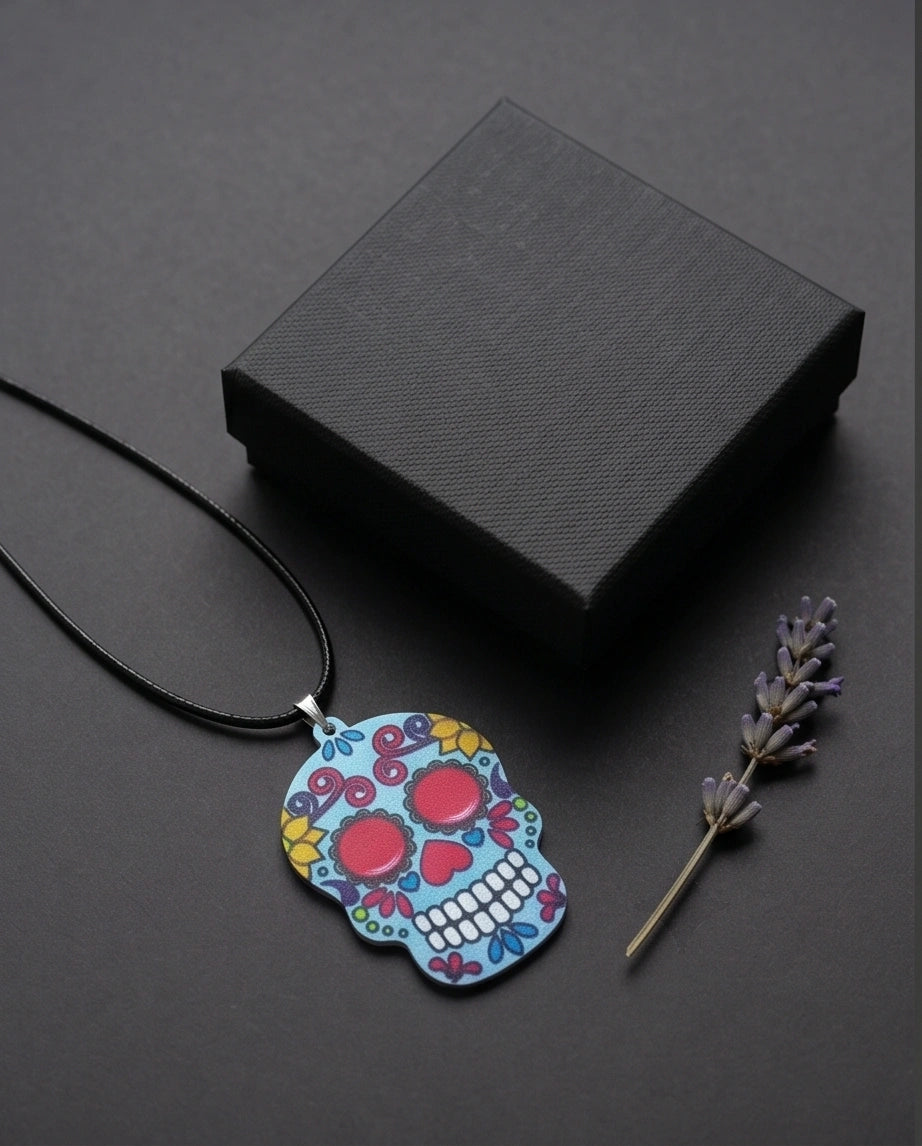 Vibrant Light Blue Sugar Skull Día de los Muertos Pendant Necklace