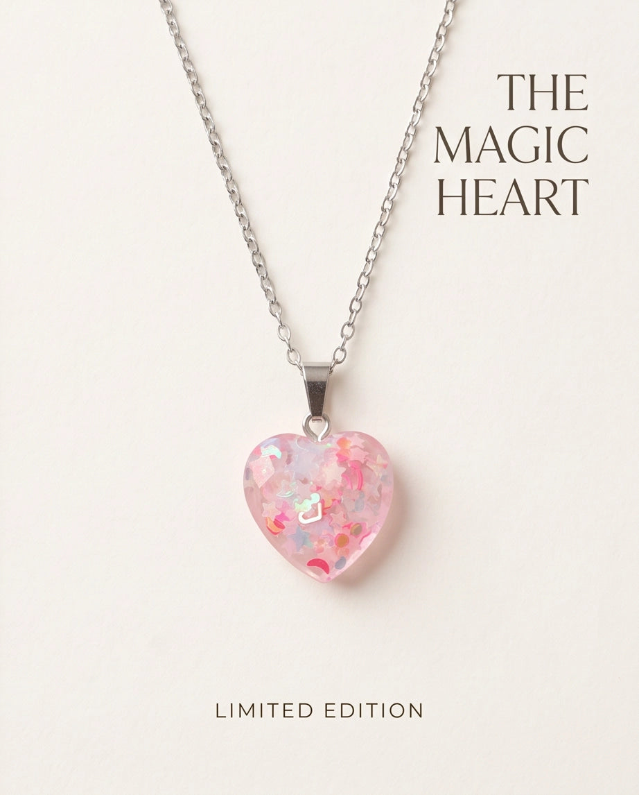 Silver Faceted Rose Pink Glitter Heart Resin Pendant Necklace