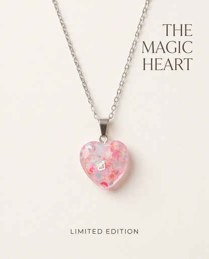 Silver Faceted Rose Pink Glitter Heart Resin Pendant Necklace