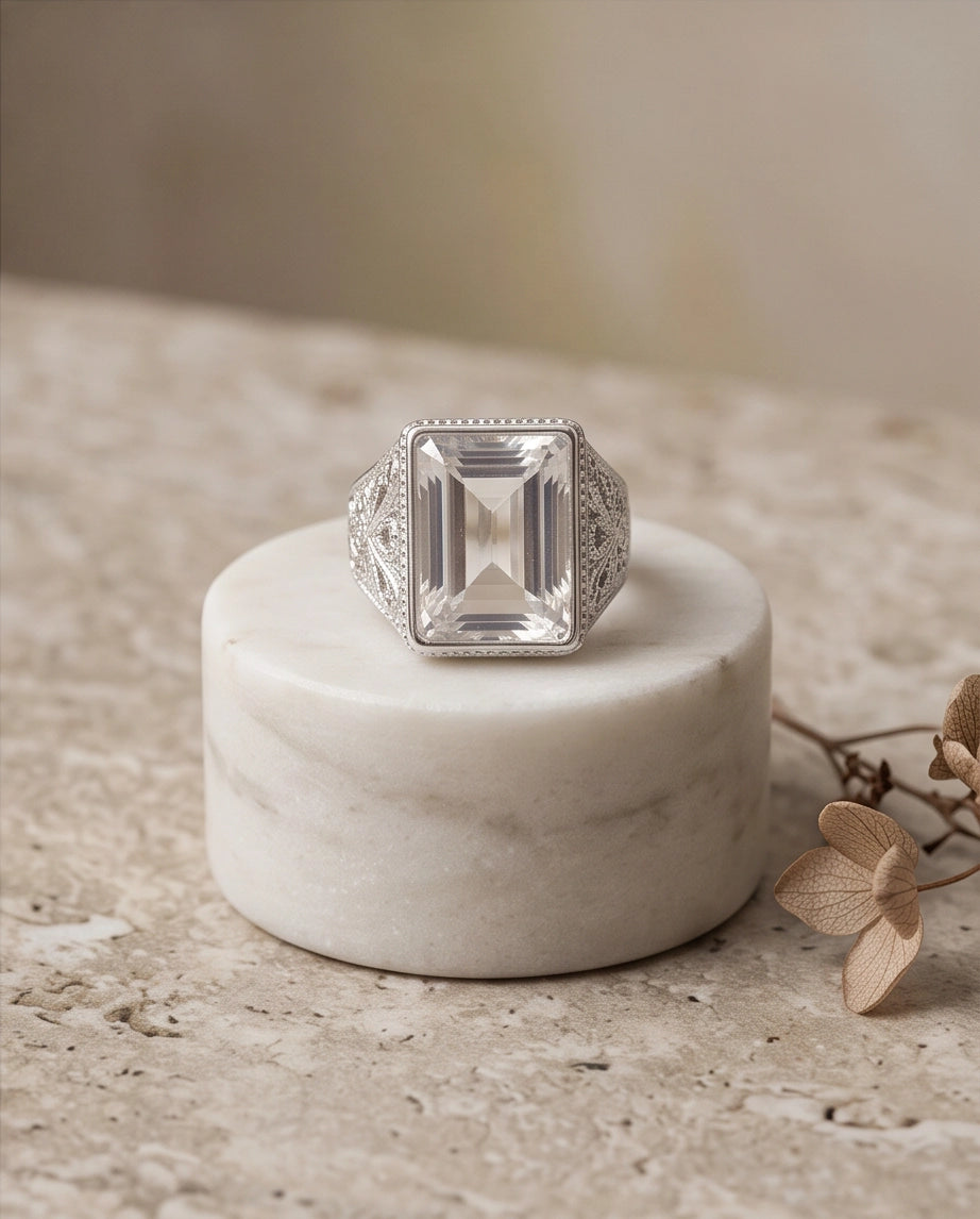 Clear Quartz Emerald-Cut Gemstone Filigree Beaded Silver Ring