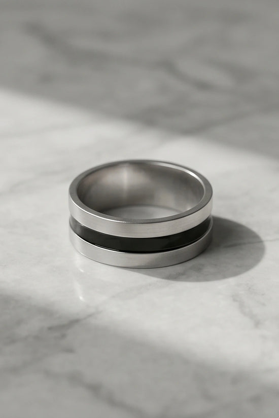 Minimalist Dual-Tone Silver and Black Band Ring